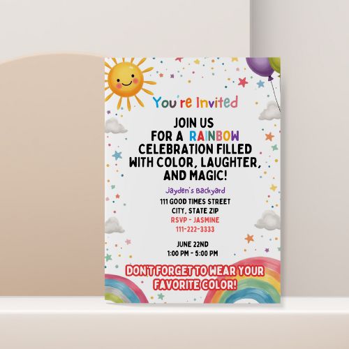 Invitation card with rainbow and sun design on a white background