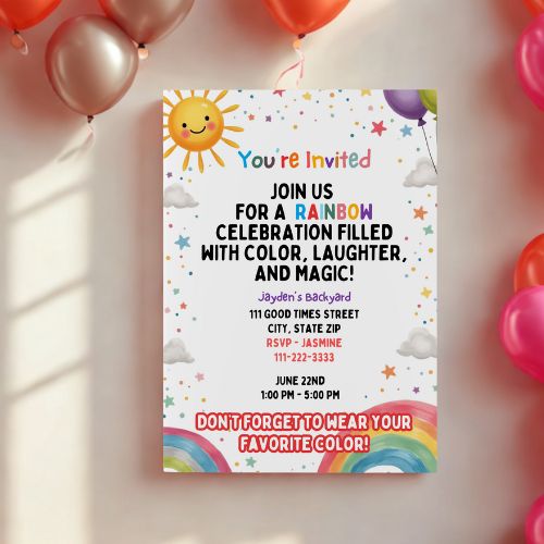 Editable Rainbow Celebration Canva Party Invitation for a rainbow-themed celebration with balloons in the background