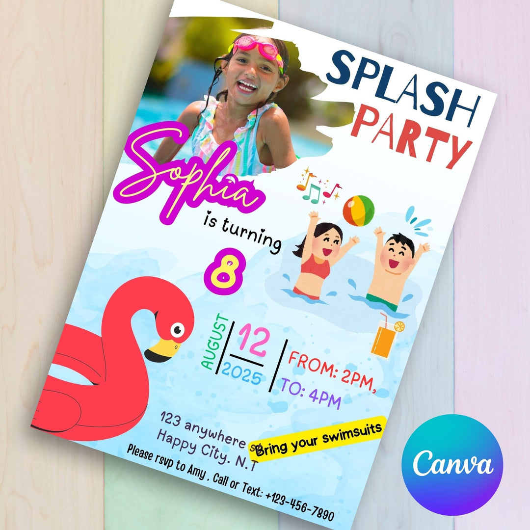 an Editable pool party invitation template for kids on a colorful wood background