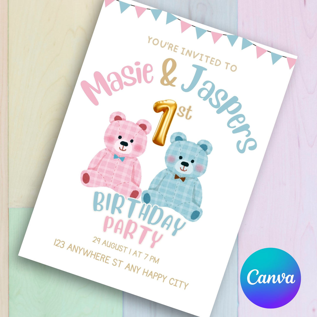 Editable twins’ 1st birthday invitation with pink and blue teddies on a colored wood background
