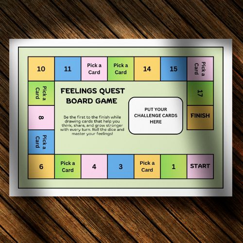 Feelings Quest board game layout on a wooden surface
