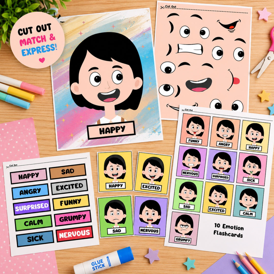 A flat-lay display of a printable emotion matching and flashcard set on a wooden desk, featuring a main character portrait card, expression face sheets, emotion flashcards, matching stickers, and colorful markers. Feelings & Emotions Build-a-Face Printable