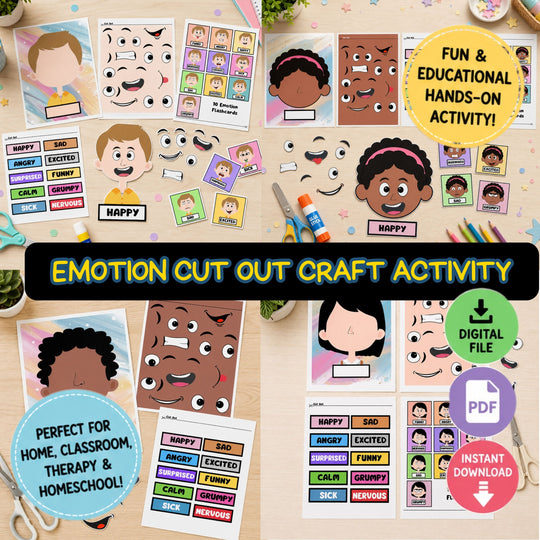 A collage-style promotional graphic for an 'Emotion Cut Out Craft Activity' showing multiple printed activity sheets, emotion face cutouts, labels, and craft supplies arranged on a light wood surface. Large text reads 'EMOTION CUT OUT CRAFT ACTIVITY,' with badges noting 'Fun & Educational Hands-On Activity!' and 'Perfect for home, classroom, therapy & homeschool.