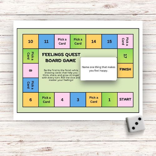 Feelings Printable Board Game for Kids layout on a wooden surface with a die.