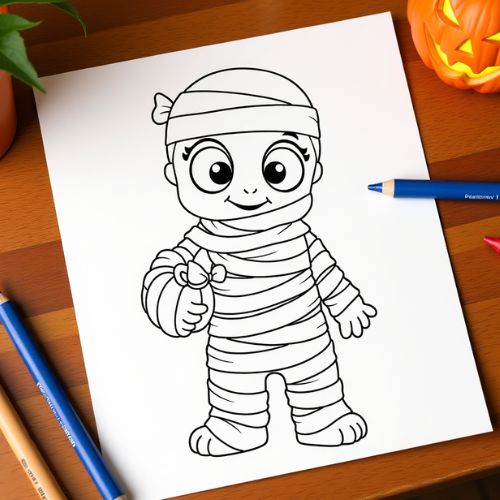 a cartoon mummy on a wooden table with coloring pencils and a pumpkin. Instant download