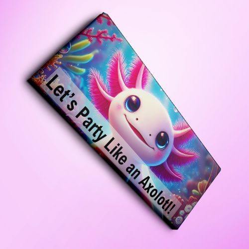 A Free Printable Axolotl Chocolate Bar Wrapper  themed product with text 'Let's Party Like an Axolotl!' on a pink background