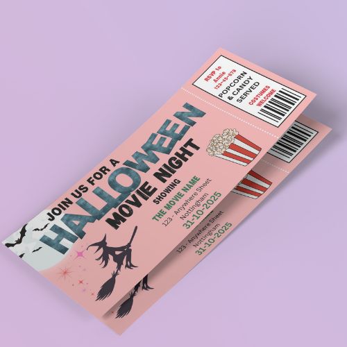 Halloween Party Ticket Template  design on a pink background