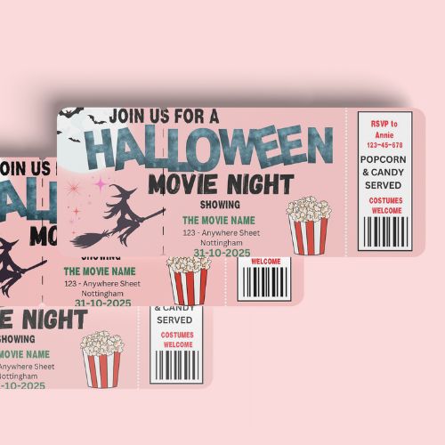 Halloween Party Ticket Template  with popcorn and witch graphics on a pink background