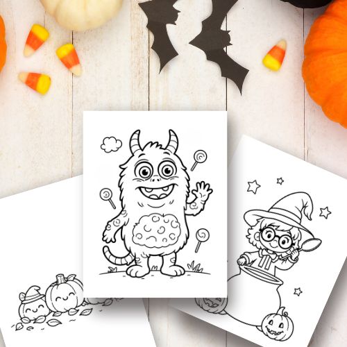  MRR PLR  Halloween Coloring Book with a monster and witch on a wooden surface with pumpkins and candy.