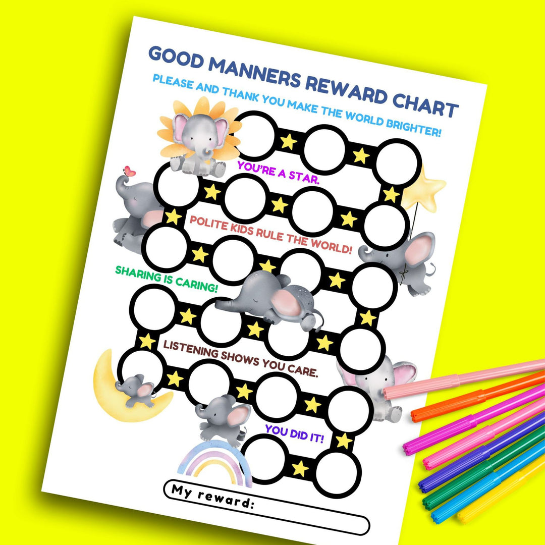 Good Manners Printable Reward Chart on a yellow background with some colored pens