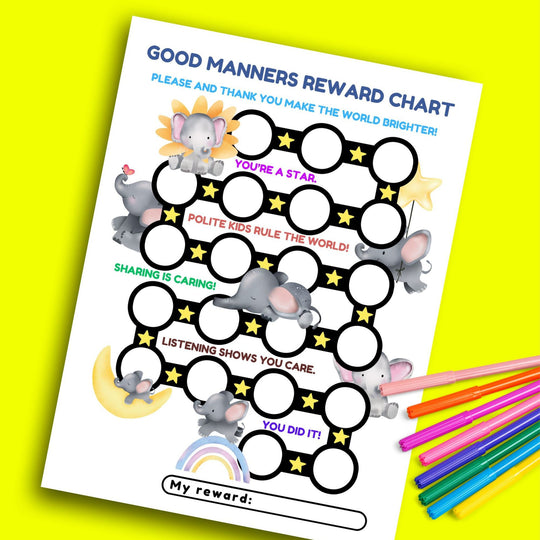 Good Manners Printable Reward Chart on a yellow background with some colored pens
