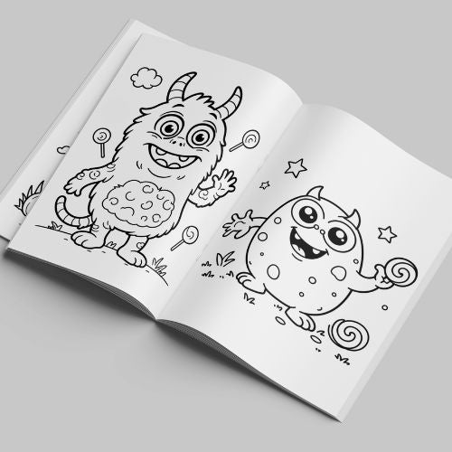 Open coloring book with two cartoon monsters on a gray background