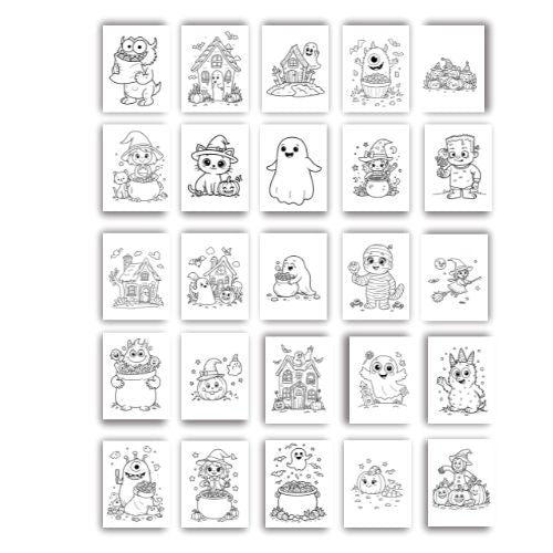 Set of Halloween-themed coloring pages with various characters and scenes.