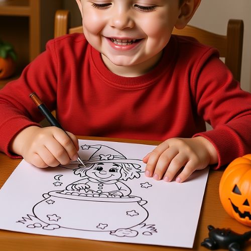 Child coloring a witch in a cauldron with a pumpkin and black cat on a table.