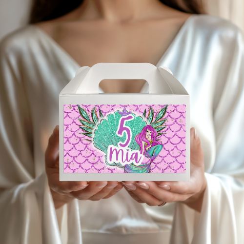 Person holding Mermaid Gable Box Label – Editable Canva Template with pink and teal design.