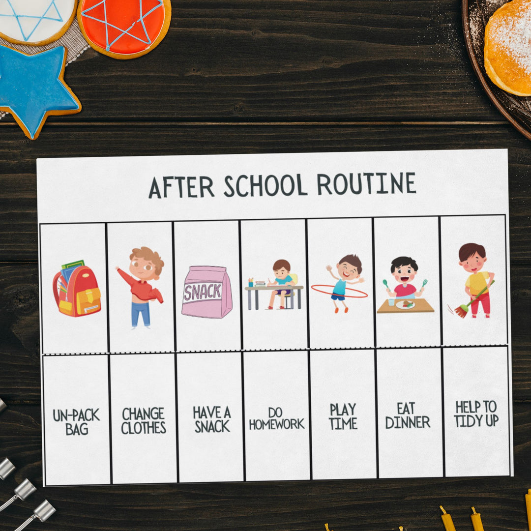 Daily Visual Schedule for Boys with Autism or ADHD – Printable Routine Cards with Clear Images and Relatable Characters on a wooden background