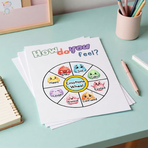 Neurodiversity Emotions Wheel Printable  titled 'How do you feel?' on a light blue desk with stationery items.