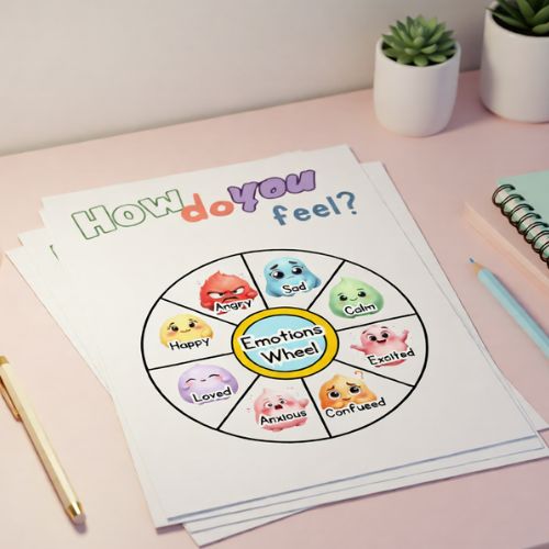 Printable titled 'How do you feel?' on a pink surface with a pen and plants.