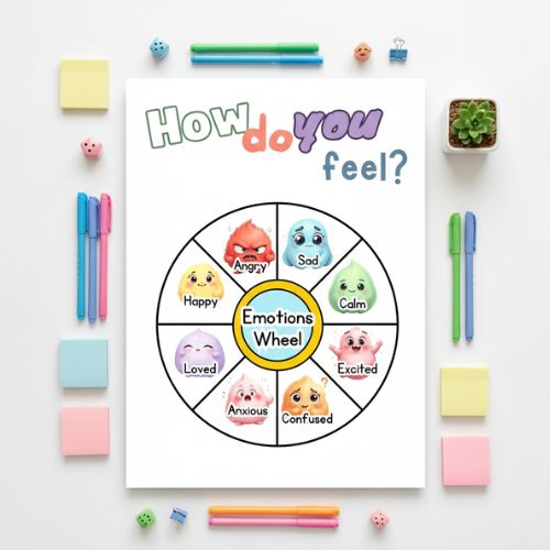 Emotions wheel poster with colorful illustrations on a white background with stationery items.