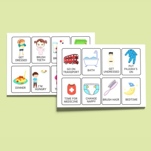 PEC Communication Cards – Printable Visual Flashcards with illustrations and text on a light green background