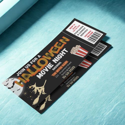 Halloween movie night ticket design on a light blue surface