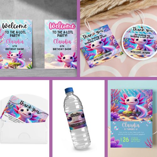 Collection of Editable Axolotl Birthday Party Pack  supplies with cartoon character design on various items.