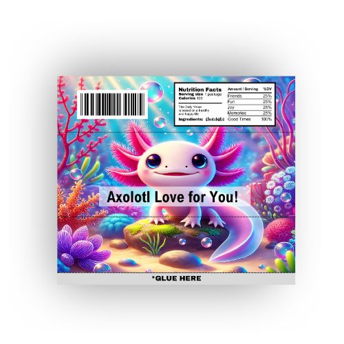 Printable Axolotl Love Chocolate Bar Wrapper  with colorful underwater background on a product packaging design.