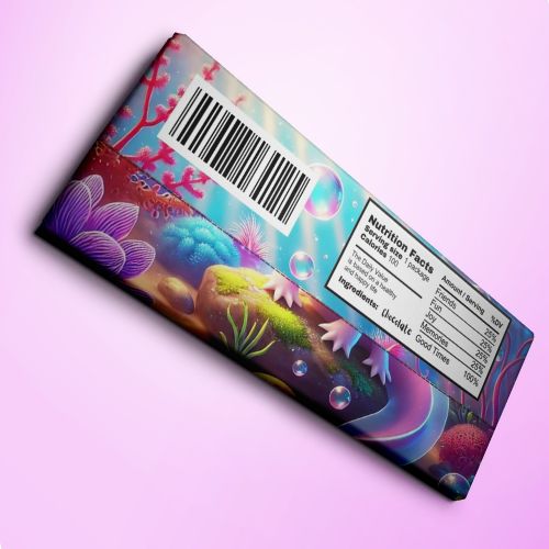 Printable Axolotl Love Chocolate Bar Wrapper with a bar code and nutrition facts label on a pink background
