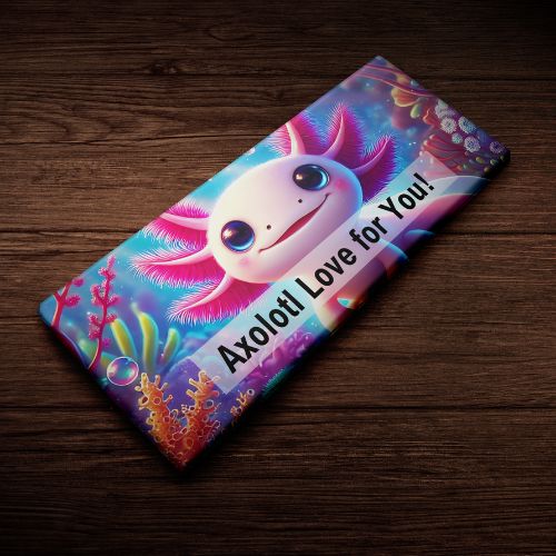 Colorful axolotl phone case with 'Axolotl Love for You!' text on a wooden surface