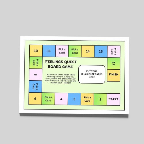Feelings Quest board game layout on a gray background
