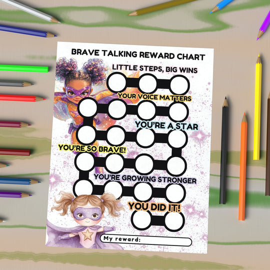 a Printable Brave Talking Reward Chart for Kids wih some crayons