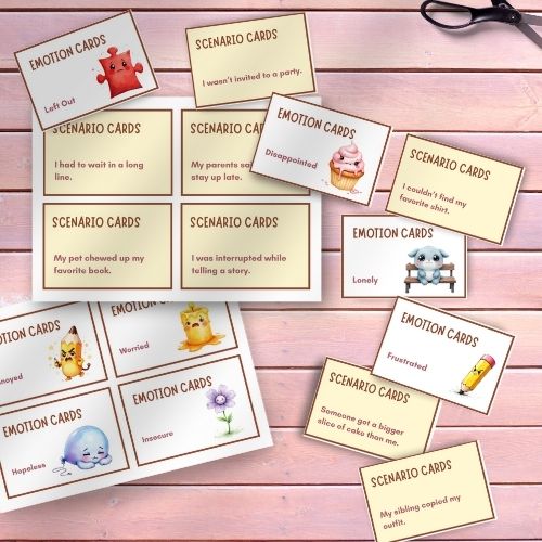 Printable Feelings & Emotions Game for Kids on a wooden surface