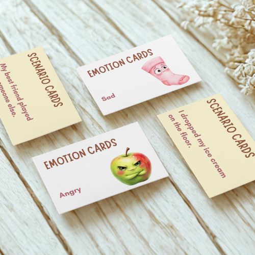 Printable Feelings & Emotions Game for Kids  on a wooden surface with illustrations and text.