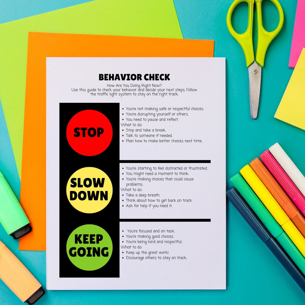 Printable Feelings Thermometer & Behavior Support Tools on a colorful background with some colored pens, paper and scissors