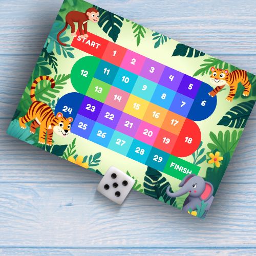 Printable Jungle Party Game with colorful path and animal illustrations on a wooden surface