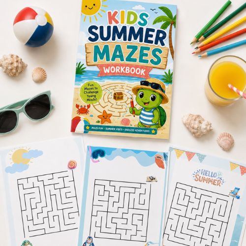 Printable Kids Summer Mazes Activity Workbook on a white surface