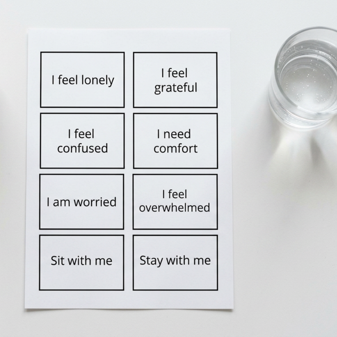 Editable Communication Cards for Tracheostomy Patients on a white desk with some water 