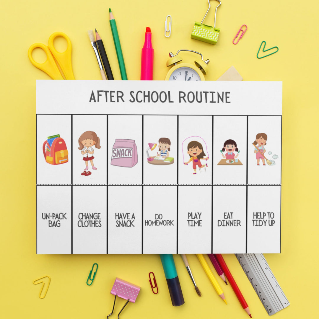 Printable schedule for neurodivergent kids on a bright yellow background with some pens, pencils, paperclips and more
