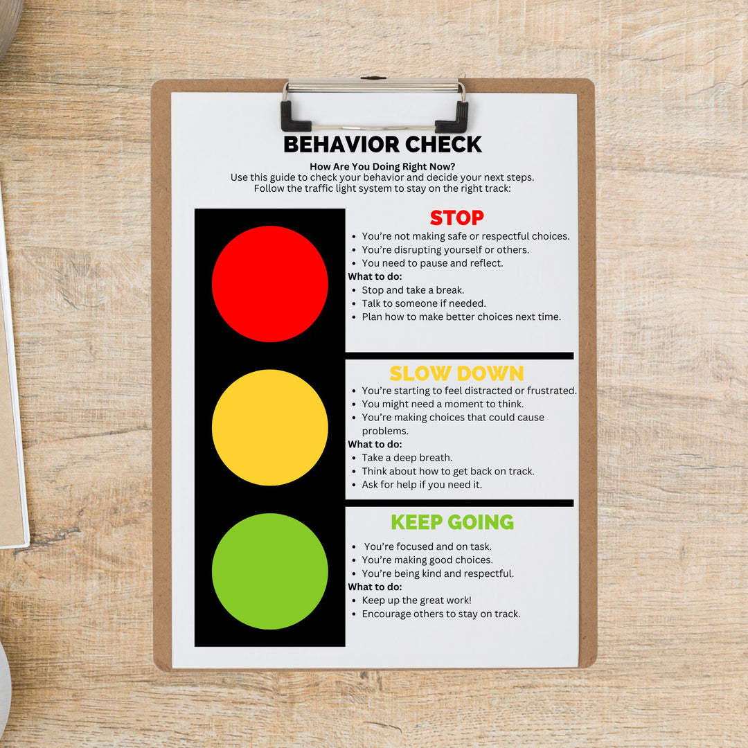 Printable Traffic Light Behavior Chart on a clipboard