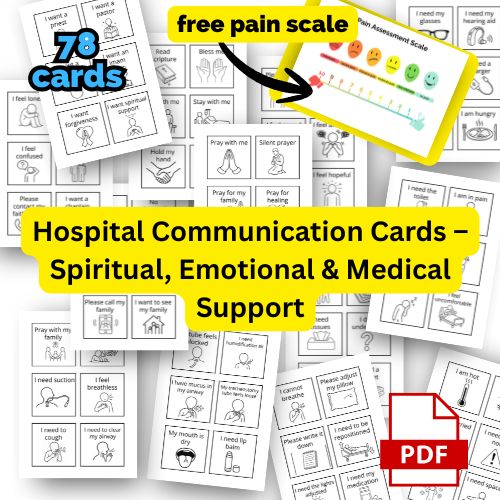 Collection of hospital communication cards for spiritual, emotional, and medical support with a free pain scale and PDF icon.