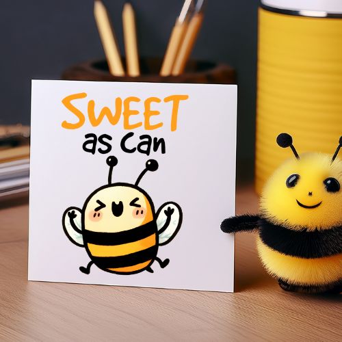 Sweet as Can Bee” Printable Greeting Card  next to a plush bee toy on a wooden surface.