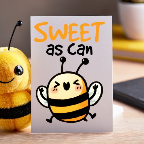 Card with a cartoon bee and 'Sweet as can' text, next to a plush bee toy on a wooden surface.