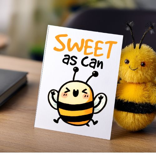 Sweet as Can Bee” Printable Greeting Card Cartoon bee illustration on a card with text 'Sweet as can bee' next to a fluffy bee toy. 