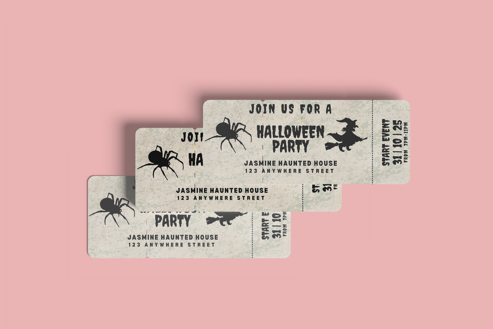 Halloween party invitation tickets with spider graphics on a pink background