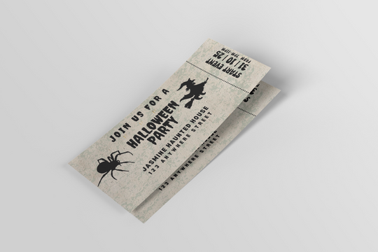Halloween party invitation with spider design on a gray background