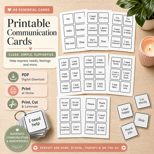Visual Communication Cards Printable on a wooden surface with a candle and plant, featuring text and icons.