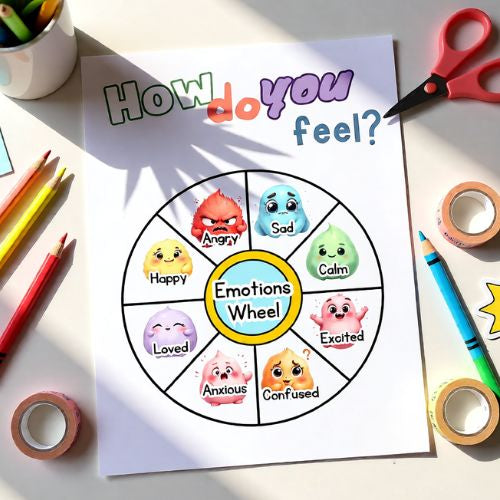 Emotions wheel chart with colorful cartoon faces and的情绪 labels on a white surface with stationery items.