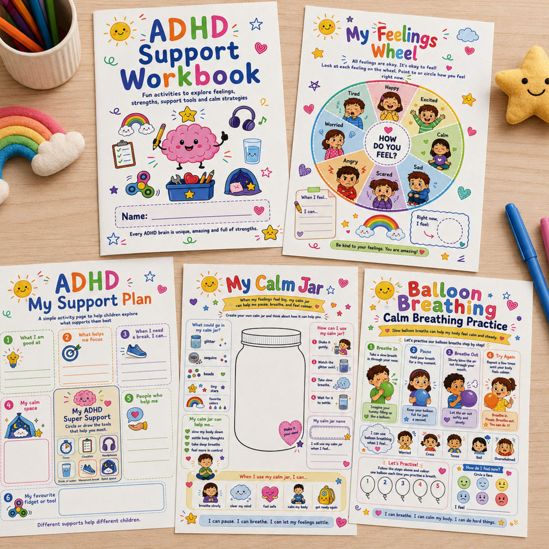 ADHD Support Workbook for Kids Educational materials for ADHD support on a wooden surface with colorful illustrations.