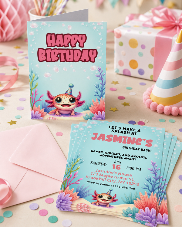 Axolotl Birthday Card and Editable Invitation Set - KY designX