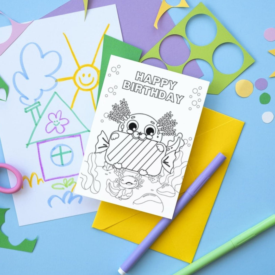 Axolotl Coloring Birthday Card - KY designX